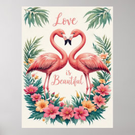 Poster Ilustração Romântica Flamingo Amor Coração