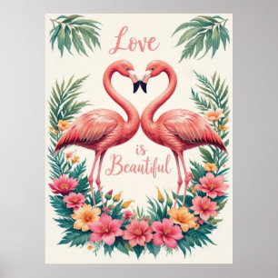 Poster Ilustração Romântica Flamingo Amor Coração