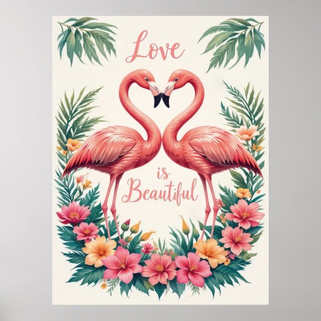 Poster Ilustração Romântica Flamingo Amor Coração (Frente)