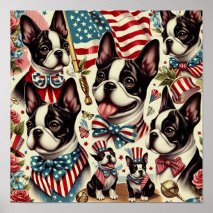 Poster Ilustração Sem Costura de Boston Terrier Vintage