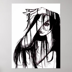 Poster Ilustração Sombria de Mulher com Tinta Gótica Arte