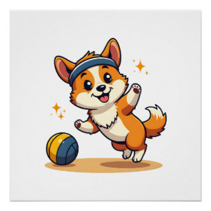 Póster Ilustração Vetorial de Cachorro Corgi Vintage Joga