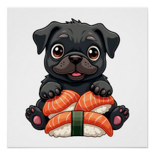 Póster Ilustração Vetorial de Cartoon de Sushi Pug Preto