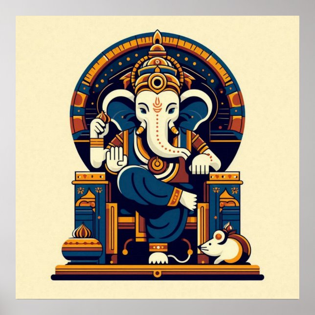 Poster Ilustração Vetorial Moderna do Ganesha Azul Arte d (Frente)
