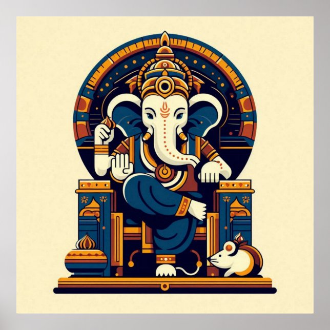 Poster Ilustração Vetorial Moderna do Ganesha Azul Arte d (Frente)