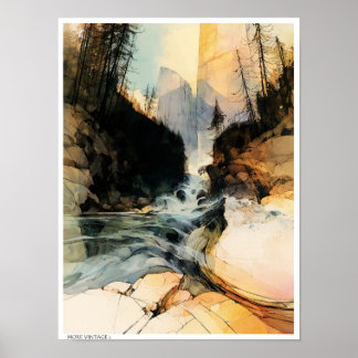 Poster Ilustração vibrante de riacho montanhoso.