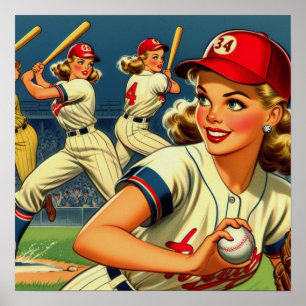 Poster Ilustração Vintage Baseball Girls