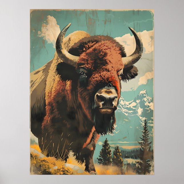 Poster Ilustração Vintage Bison (Frente)