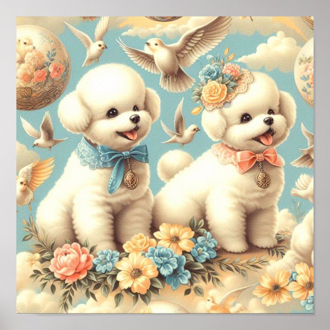 Poster Ilustração Vintage Cute Bichon Frisé (Frente)