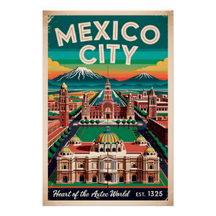 Póster Ilustração Vintage da Cidade do México Viagem Retr