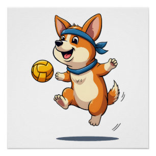 Póster Ilustração Vintage de Corgi Jogando Volei Cachorro
