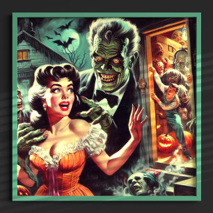 Poster Ilustração Vintage de Garota de Terror Pulp
