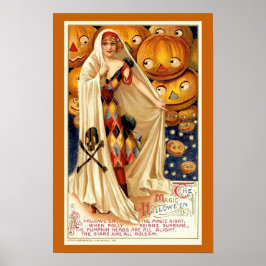 Poster Ilustração vintage de Halloween bruxa abóboras