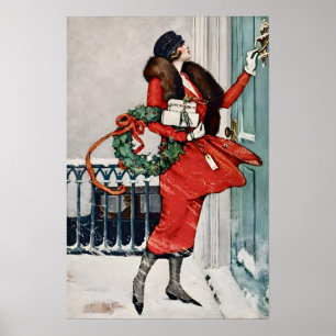 Poster Ilustração Vintage de Natal na Porta de Entrada