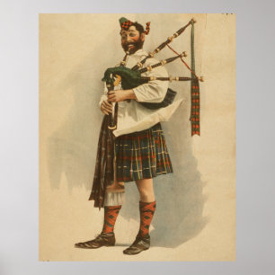 Poster Ilustração Vintage de um Bagpiper Escocês (1898