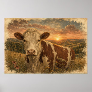 Poster Ilustração Vintage de Vaca das Terras Altas ao Pôr