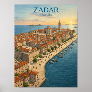 Poster Ilustração Vintage de Zadar Croácia Costa Adriátic