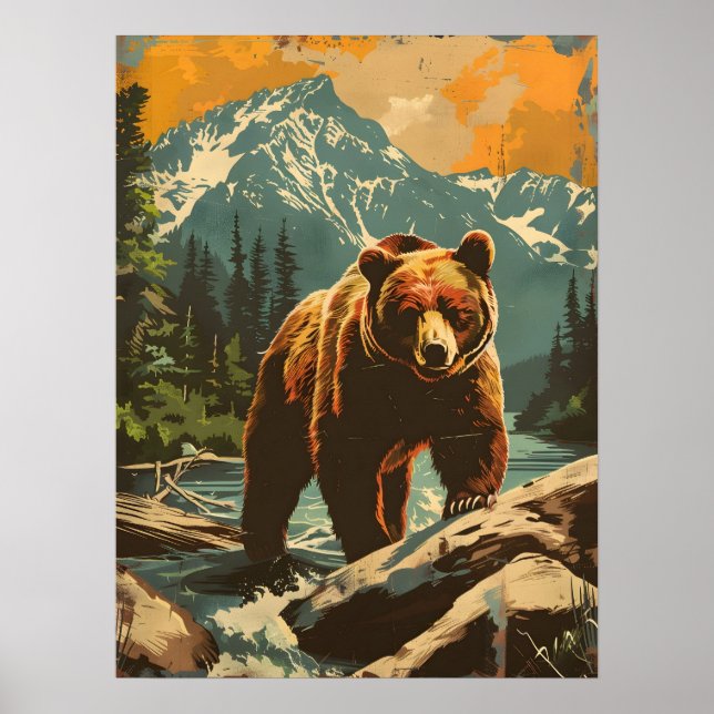 Poster Ilustração Vintage do Urso Marrom (Frente)