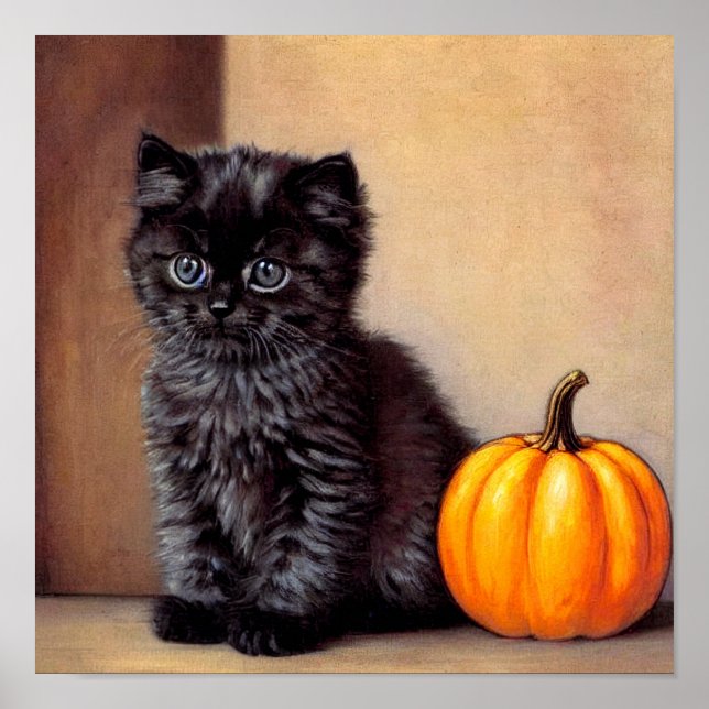 Poster Ilustração Vintage Halloween Black Kitten (Frente)