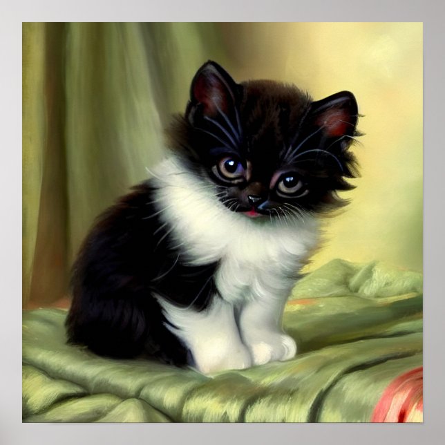 Poster Ilustração Vintage Tuxedo Kitten (Frente)