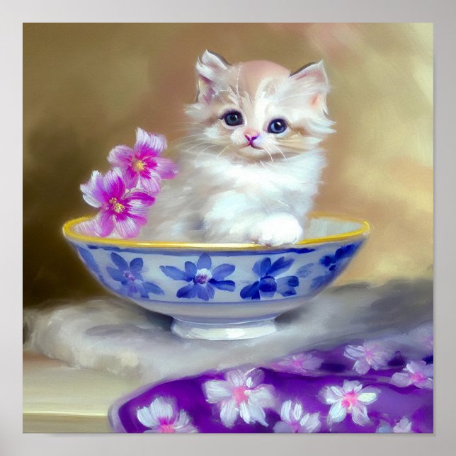 Poster Ilustração Vintage White Kitten (Frente)