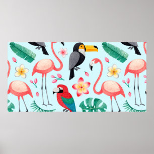 Poster Ilustrações em aquarela de aves, flores tropicai