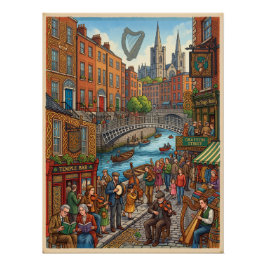 Póster Ilustrado Vida de Rua de Dublin e Patrimônio Celta