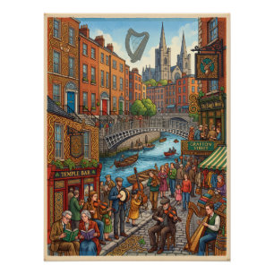 Póster Ilustrado Vida de Rua de Dublin e Patrimônio Celta