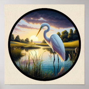 Poster Imagem 3D circular de um belo Excelente Egret