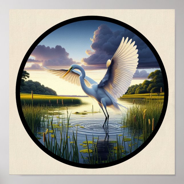 Poster Imagem 3D circular de um belo Excelente Egret (Frente)