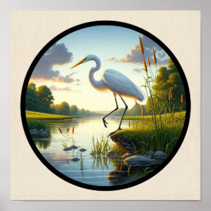 Poster Imagem 3D circular de um belo Excelente Egret