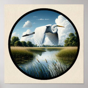 Poster Imagem 3D circular de um belo Excelente Egret