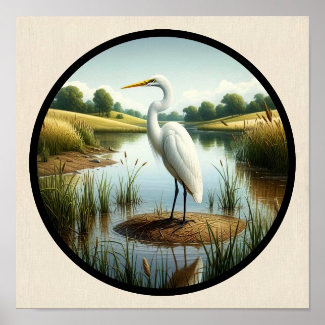 Poster Imagem 3D circular de um belo Excelente Egret (Frente)