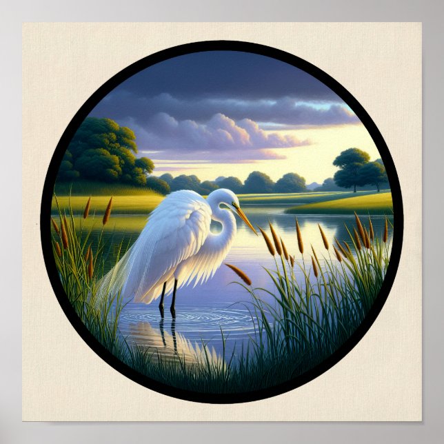 Poster Imagem 3D circular de um belo Excelente Egret (Frente)