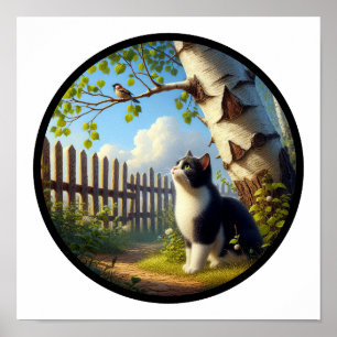 Poster Imagem 3D circular de um bonito gato Tuxedo