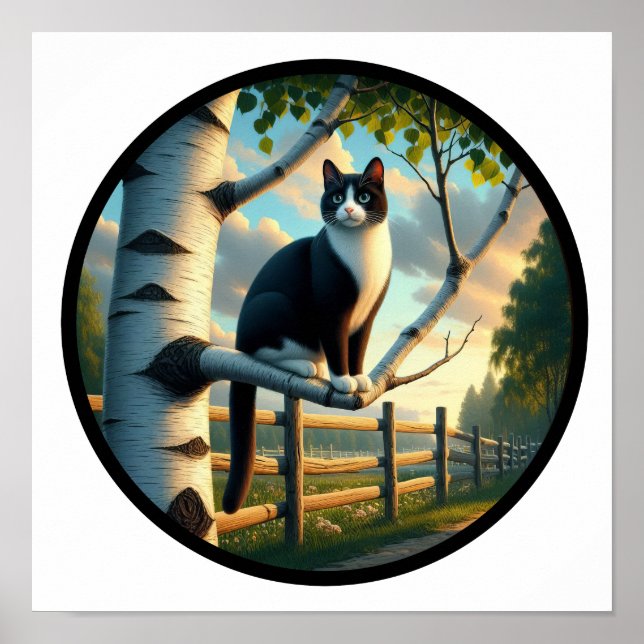 Poster Imagem 3D circular de um bonito gato Tuxedo (Frente)