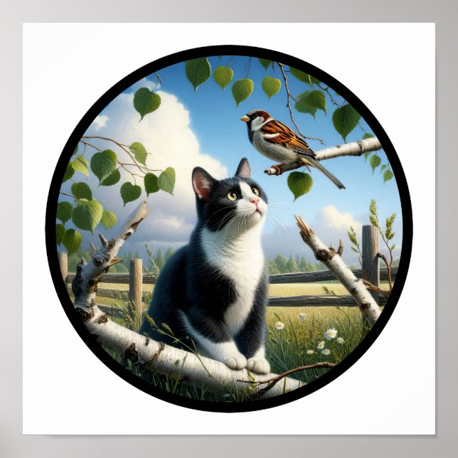 Poster Imagem 3D circular de um bonito gato Tuxedo (Frente)