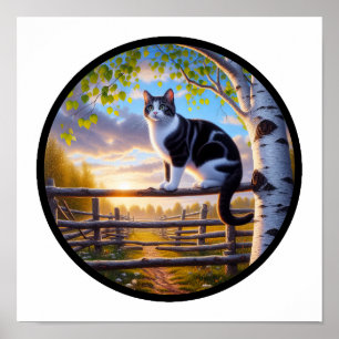 Poster Imagem 3D circular de um bonito gato Tuxedo