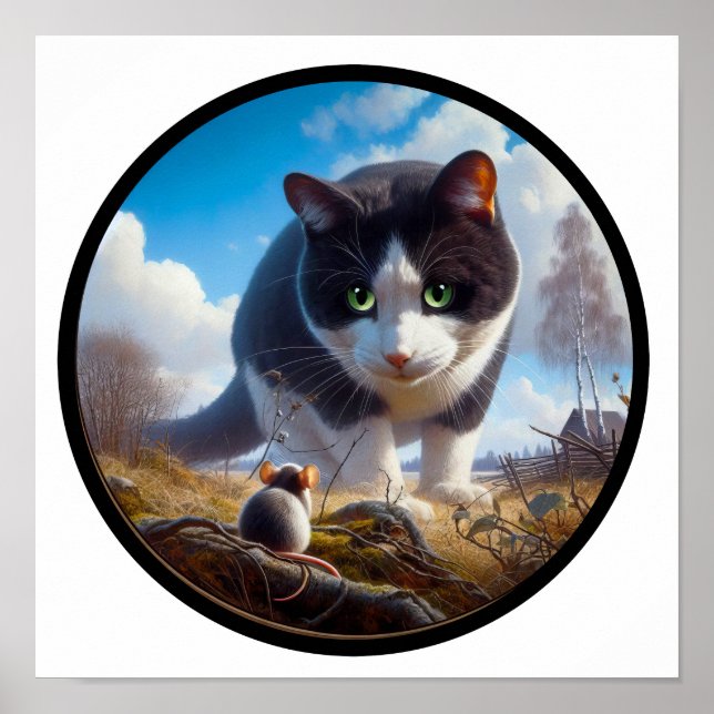 Poster Imagem 3D circular de um bonito gato Tuxedo (Frente)