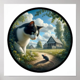 Poster Imagem 3D circular de um bonito gato Tuxedo