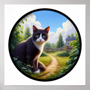 Poster Imagem 3D circular de um bonito gato Tuxedo