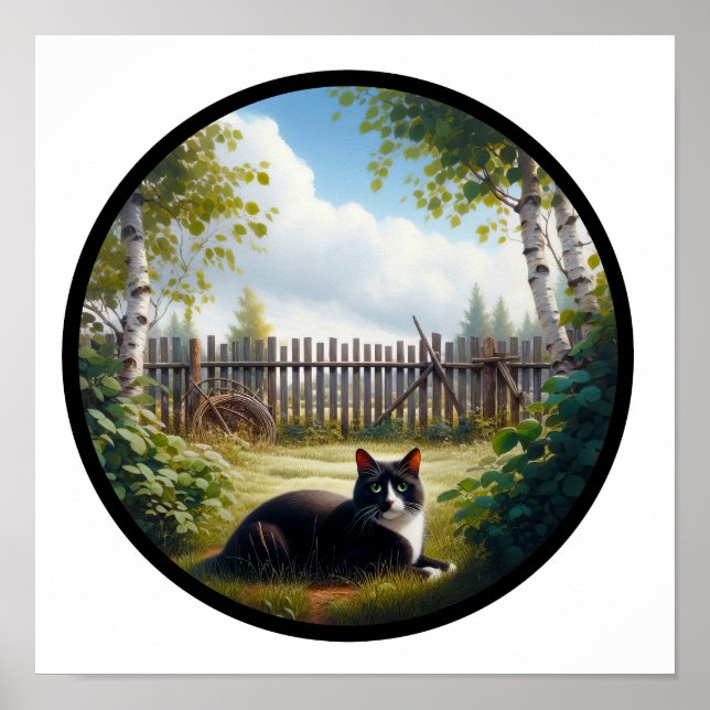Poster Imagem 3D circular de um bonito gato Tuxedo (Frente)