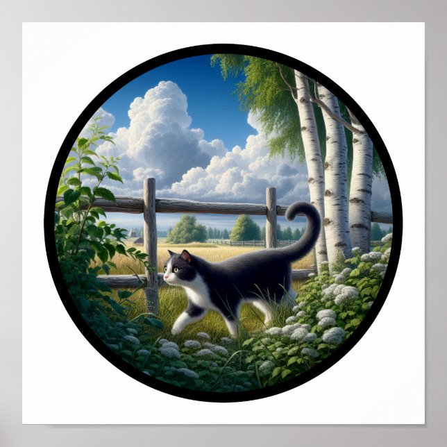 Poster Imagem 3D circular de um bonito gato Tuxedo (Frente)