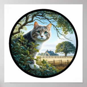 Poster Imagem 3D circular de um gato de cabelo médio domé