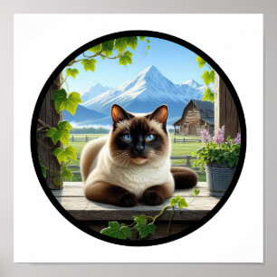 Poster Imagem 3D circular de um gato siamês bonito