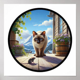 Poster Imagem 3D circular de um gato siamês bonito
