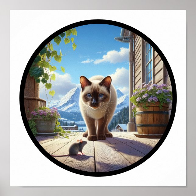 Poster Imagem 3D circular de um gato siamês bonito (Frente)