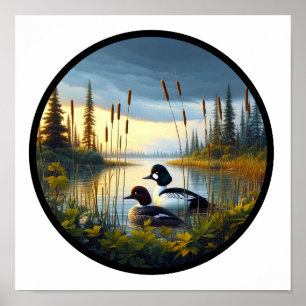 Poster Imagem 3D circular de um Pato Comum de Goldeneye