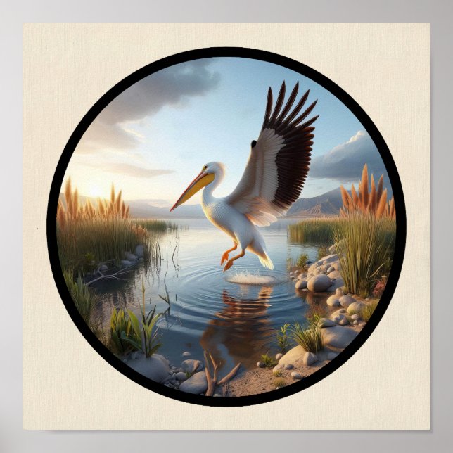 Poster Imagem 3D circular de um Pelicano branco americano (Frente)