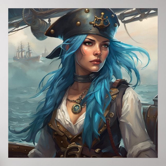 Poster - Imagem AI de Garota Pin-Up Pirata Náutica (Frente)